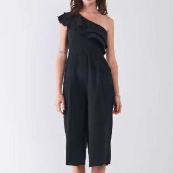 #151 One Shoulder Ruffle Detail Wide Leg Midi Jumpsuit - Picture 3 of 4